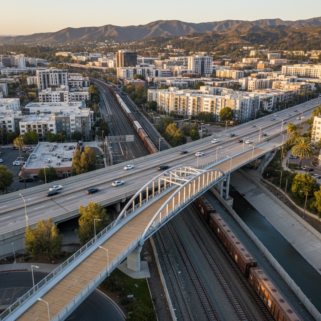 Aerial view of a pedestrian and bicycle bridge over a railroad corridor near Griffith Park in Glendale California