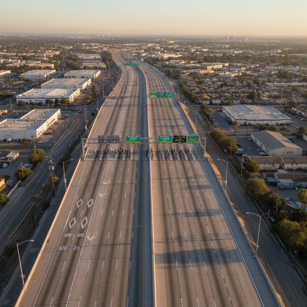 Aerial view of I-105 freeway express lanes corridor in Los Angeles County