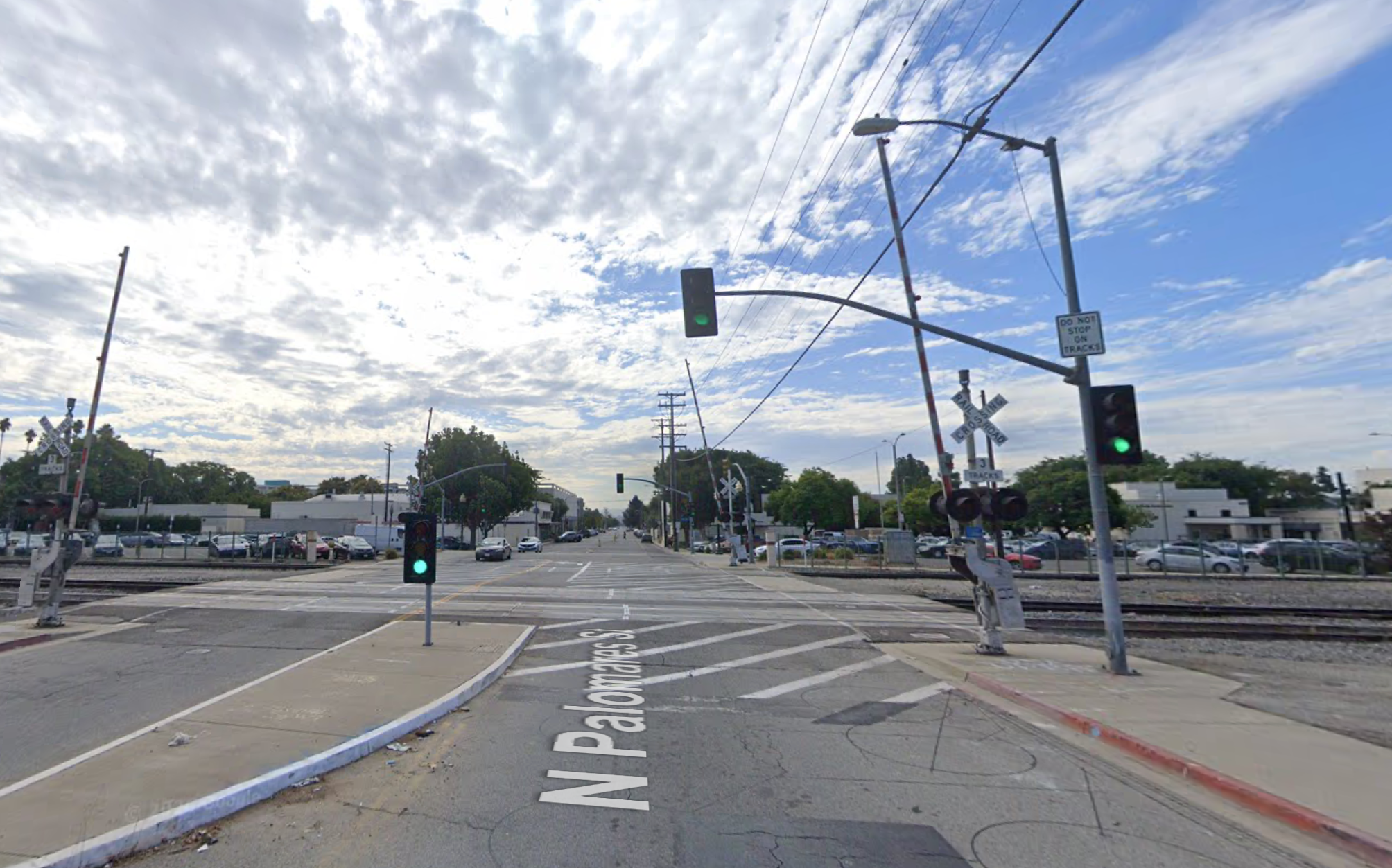 At-grade railroad crossing with pedestrian and bike safety improvements in Pomona California